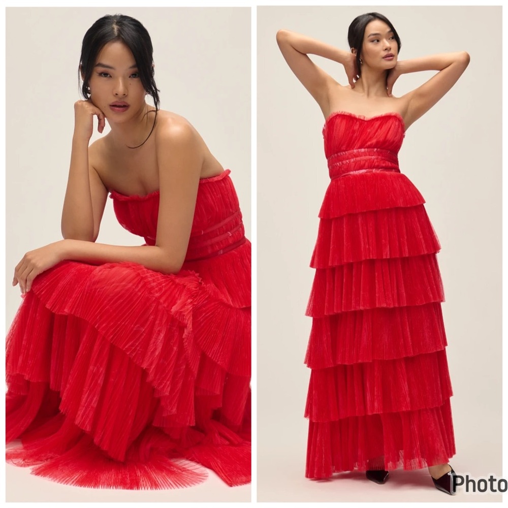 Anthropologie Hutch Evie Strapless Tiered Maxi Dress Red Size 16W Tulle - Picture 2 of 7